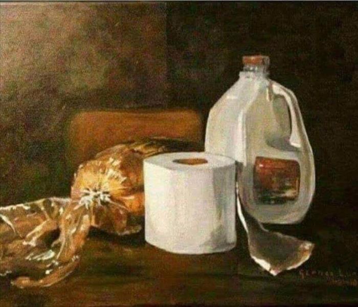 A Painted portrait of the Essentials: Milk, Bread and Toilet Paper